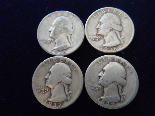 2 1936 S and 2 1937 Washington Silver Quarters