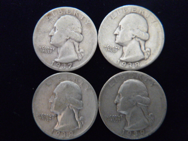 1937 D - 1938 - 1938 S and 1939 S Washington Silver Quarters