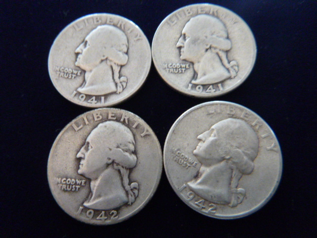 2 1941 and 2 1942 D Washington Silver Quarters