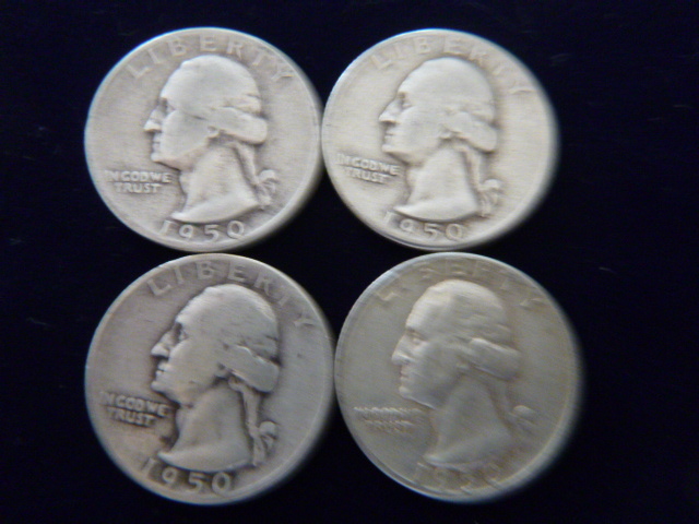 2 1950 D and 2 1950 Washington Silver Quarters