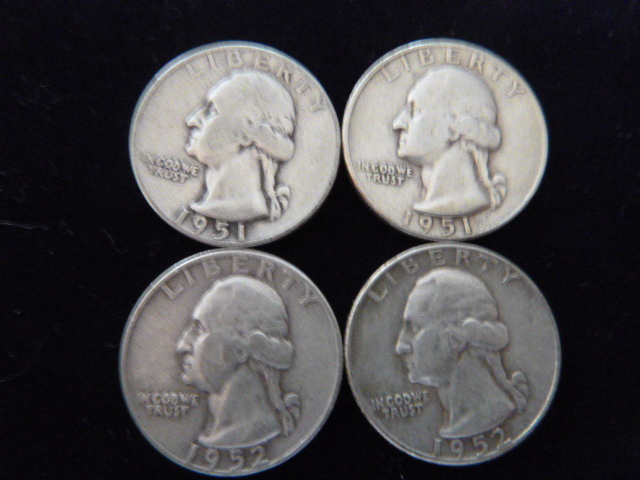 2 1951 S and 2 1952 D Washington Silver Quarters