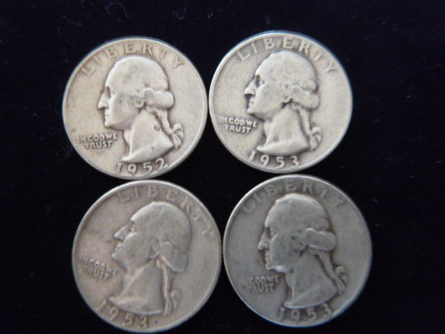 1952 S and 3 1953 D Washington Silver Quarters