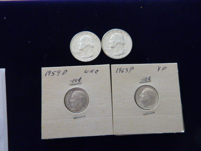 2 1964 D Washington Silver Quarters and 1959 D and 1963 Silver Dimes