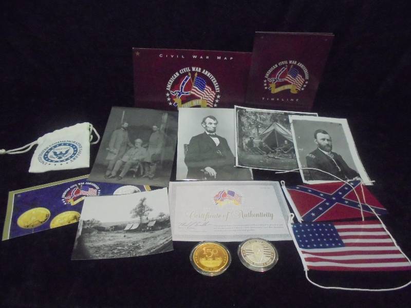 Leatherette US Civil War Soldiers Pouch with SILVER Coin & Gold Plated Coin, & Misc Flags, Documents, etc