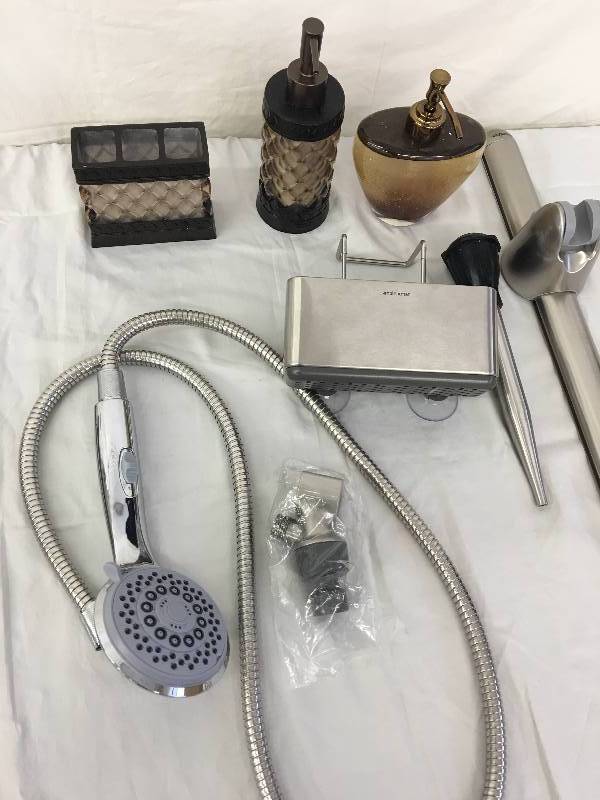 lot 85 image: shower head with iron bar, toothbrush holder, soap dispenser (see picture)