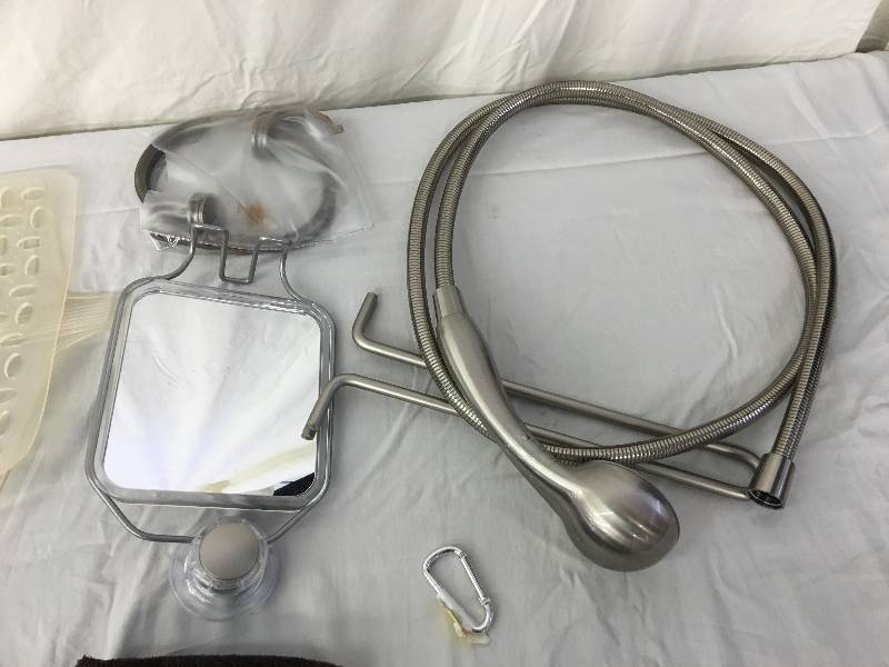 lot 88 image: shower head and shower rings, hand towel, shower rug