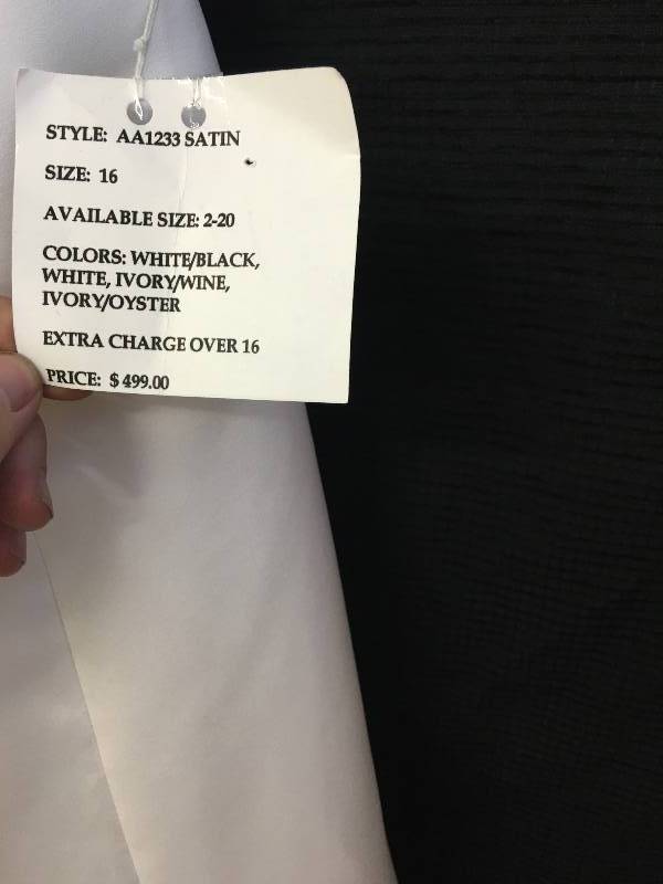 lot 94 image: size 16 alfred angelo black and white dress, needs cleaning (retail $499)