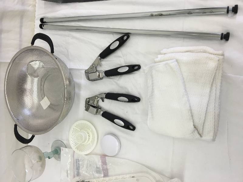 lot 409 image: can openers  galic press hand towels strainer