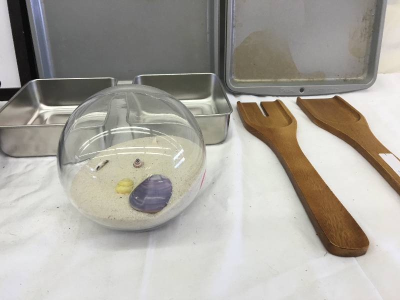 lot 435 image: wilton cookie sheets and salad spoon and glass sand seashell ball
