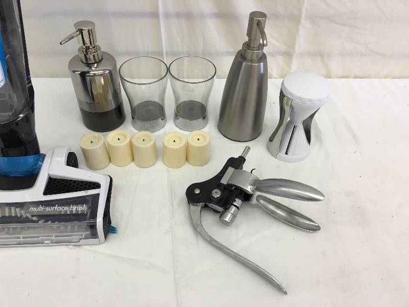 lot 436 image: soap dispenser bissel bolt vacuum, corkscrew and candles