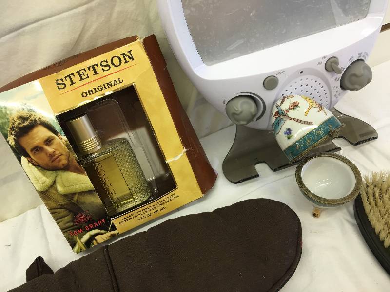 lot 446 image: tom brady cologne and hair brush,sharper image bathroom radio