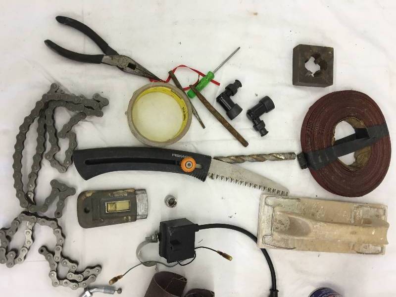 lot 467 image: WD-40, chain fiskars saw and sandpaper