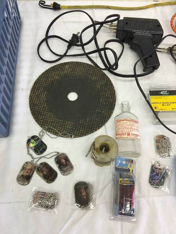 lot 480 image: blue basket, soldering, bungey cors, dog tags