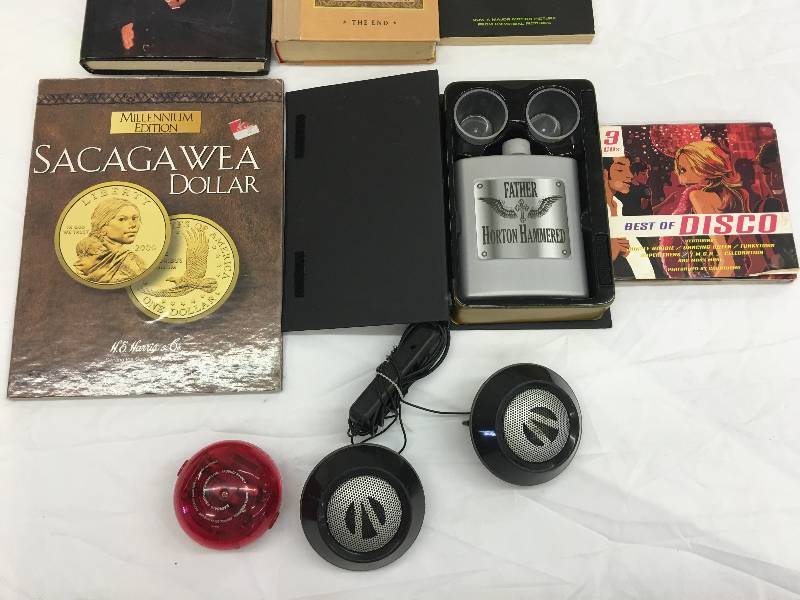 lot 621 image: books,flask,speakers cd