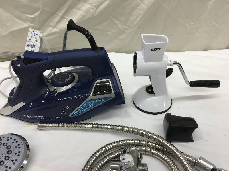 lot 647 image: gefo cheese grater,shower head with wand, rowenta 1800w steamforce iron retail $139
