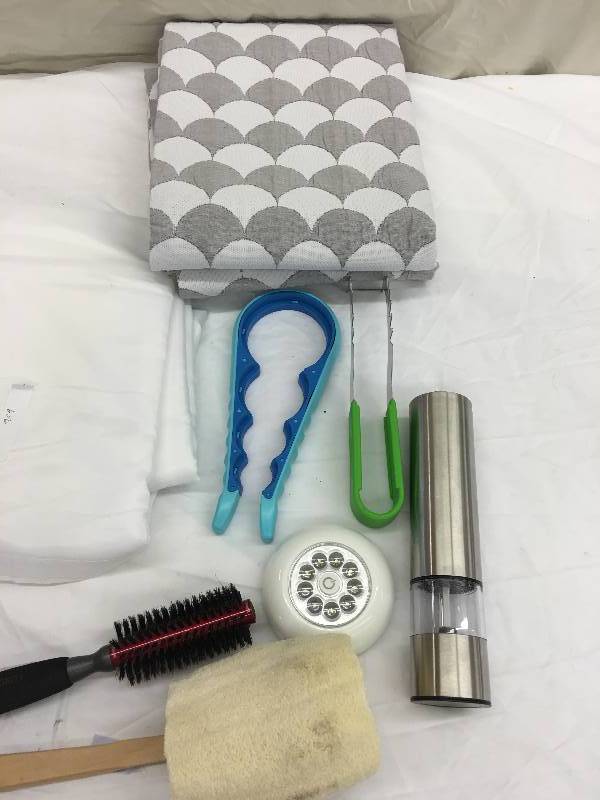 lot 656 image: curtain,salt grinder,jar opener,slicer,brush
