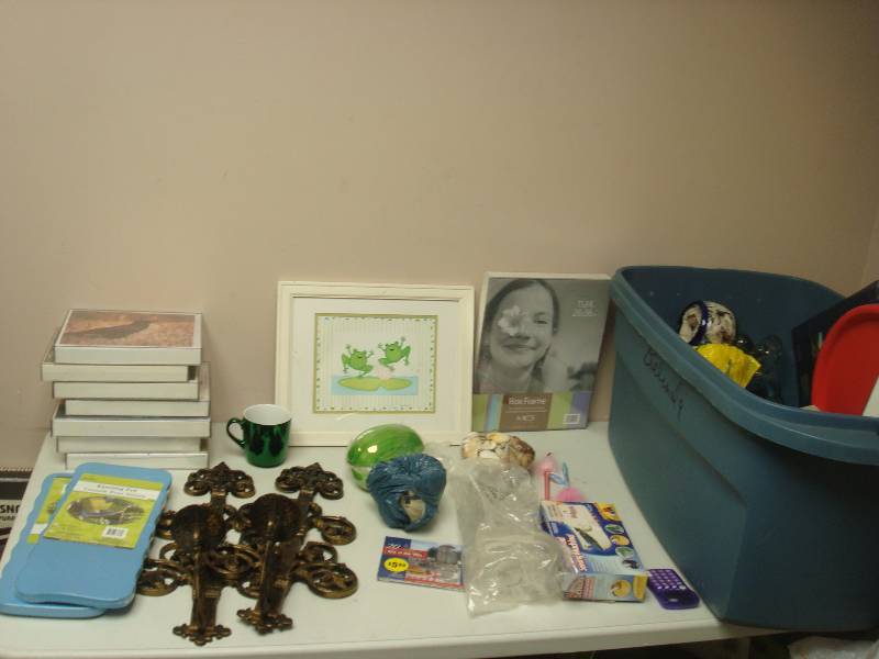 lot 100 image: Large Bin Of Mixed Items, Garden Knee Pads, Rain Measure Kit, Type Writer