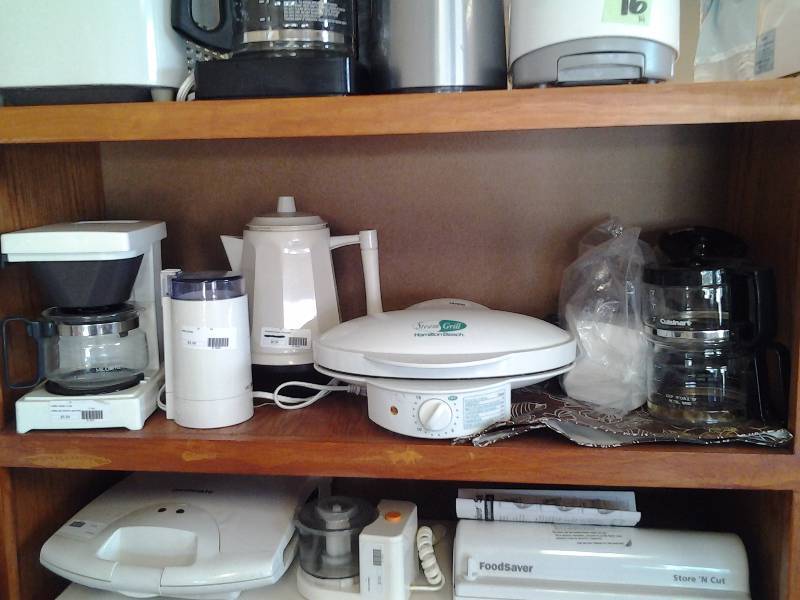 Appliances On Shelf, Coffee Maker, Bean Grinder, Steam Grill (Bring Boxes)