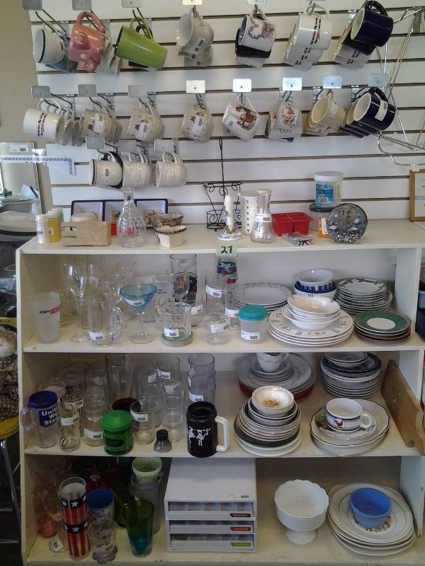 Contents On 4 Shelves & Pegs-Mugs, Dishes, Glassware (Bring Boxes)