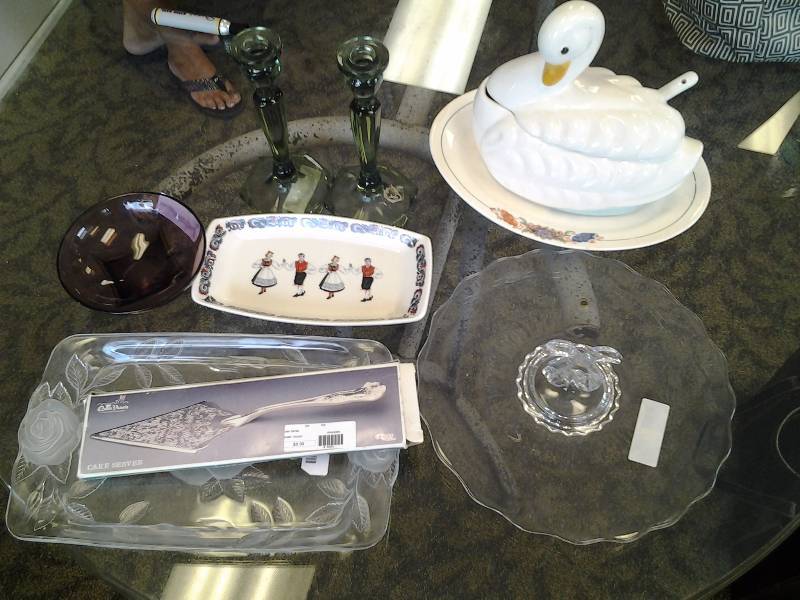 Pair Fenton Green Glass Candle Sticks, Fancy Dessert Plates, Server, Misc Dishes (Bring Boxes)