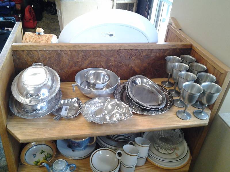 Shelf Of Metal Wares-Silver Plate & 8 Pewter Goblets