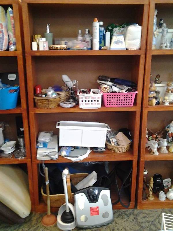 Contents On Shelf, Bathroom Related, 4-Other Shelves, Scale, Plungers, Back Brace, Soaps, Nail Polish, More