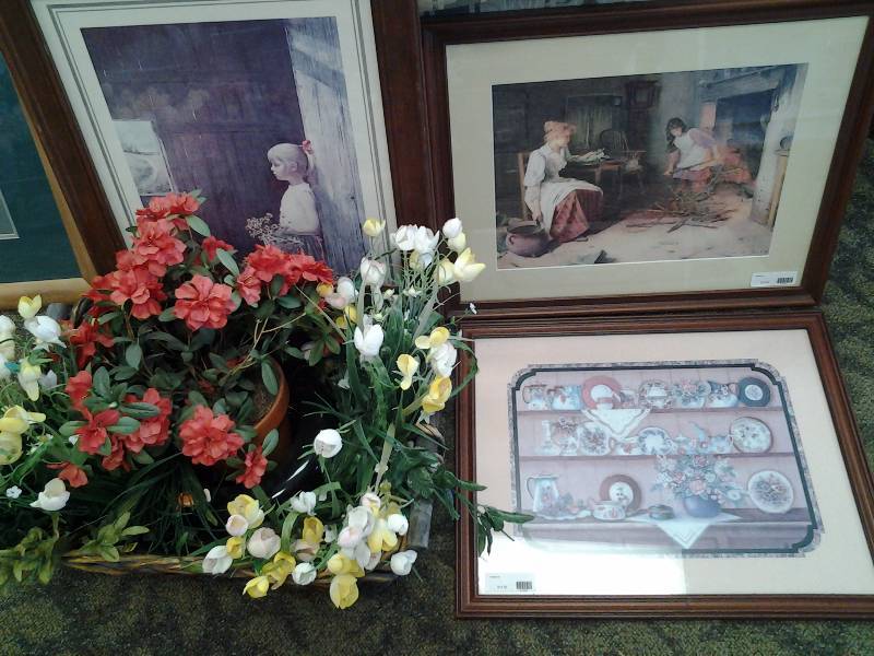 3-Framed Prints 24x18 & Basket Of Artificial Flowers