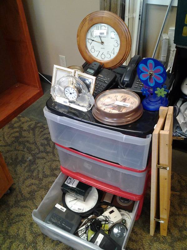 Large Lot Of Storage Drawers, Clocks, Misc