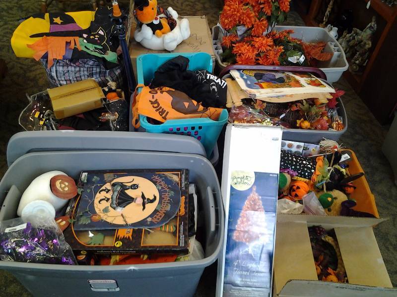 Large Lot Of FallHalloween Decor, Costumes, Floral, Lights, Includes Totes