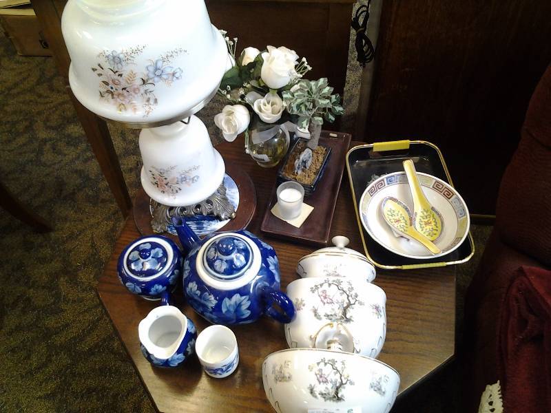 Asian Decor- Lava Bo, Tea Set, Hurricane Lamp, Misc (Bring Boxes)