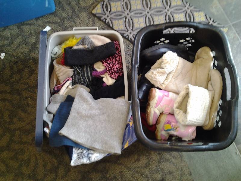 Tote Full Of Hats, Gloves, Scarves & Basket Full Of Winter Boots