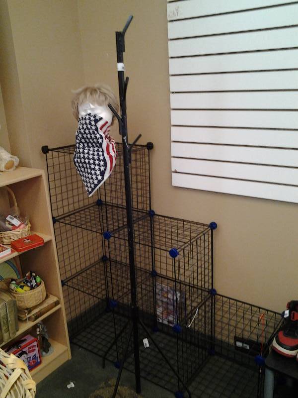 Black Coat Rack, Wire Cube Shelves, Styrofoam Head With Wig & Bandana