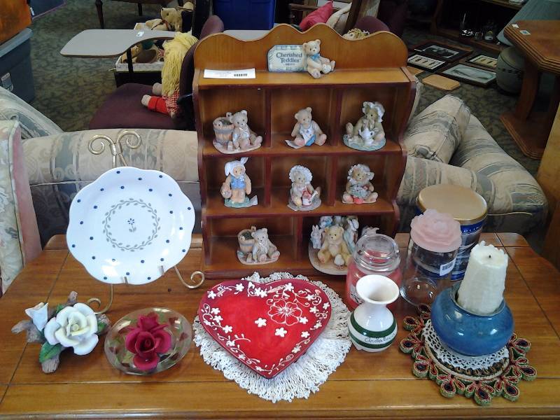 Shadow Box Full Of Cherished Teddies (9), Other Candles, Plates, Terry Redlin Tin, More