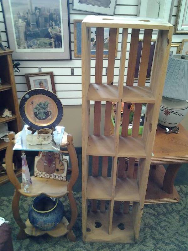 Wood Display Shelf 16x11x57 & Contents, Wood Heart Shaped Shelf Unit