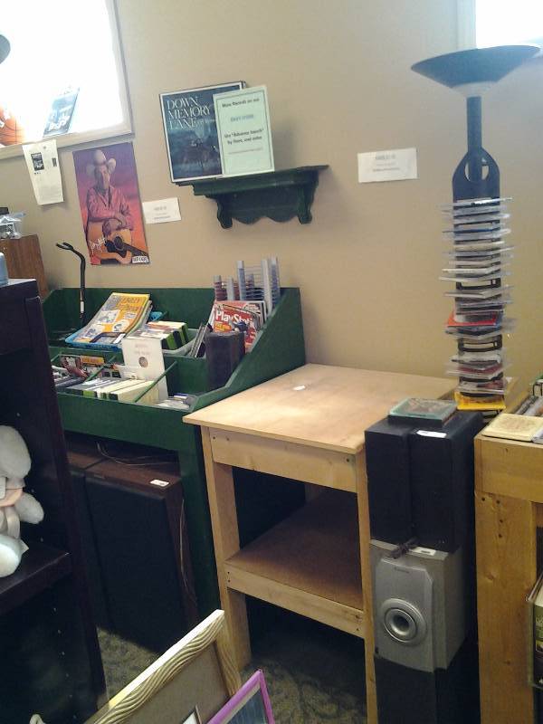 Speakers, CDs, Media Tower, Cassettes, VHS, Video Games, Sheet Music, More. Includes 2 Wood Tables, Shelf Unit. 56x25x48, 24x27x37, 24x9x58