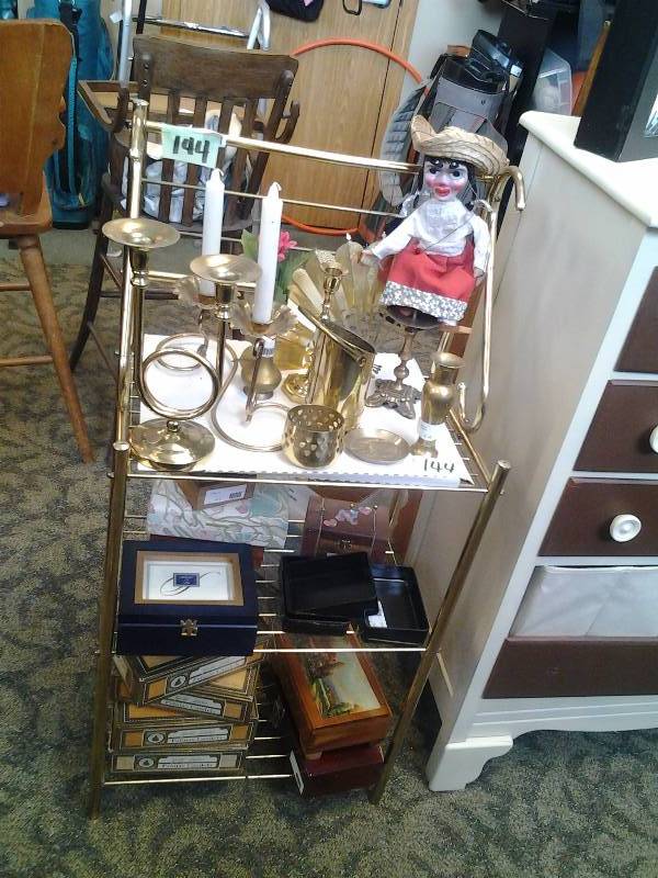 Brass Shelf With Brass Misc & Cigar Boxes 19x12x42
