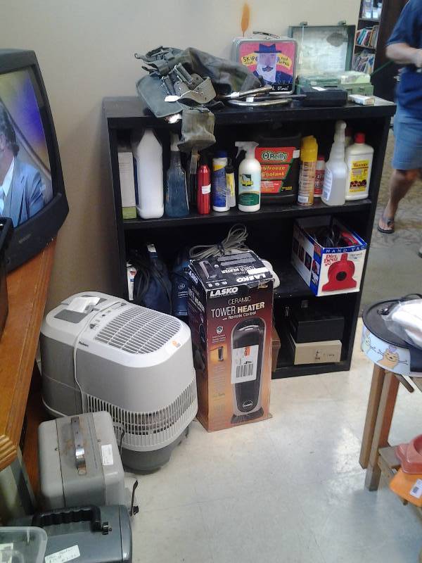 Heater, Paints, Wood Table, Metal Shelf & Contents (Bring Boxes)
