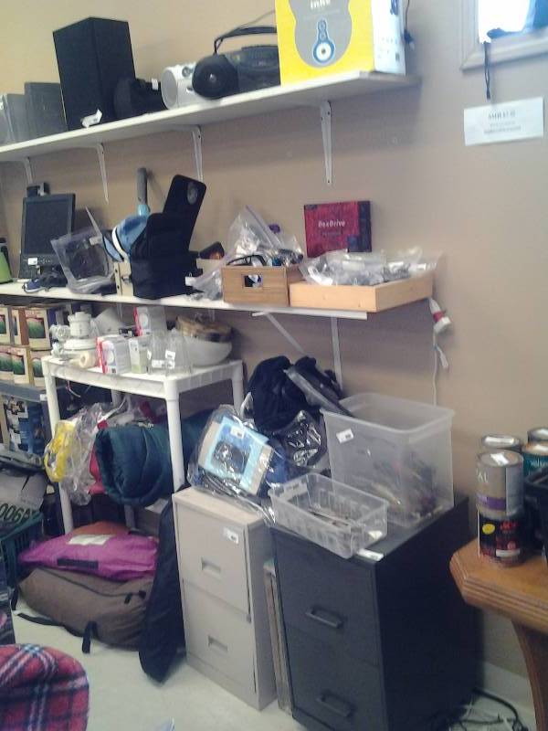 Wrenches, Screw Drivers, 2 Drawer File, Radios, Electronics, Sleeping Bags, Tents, Air Mattress, Flash Bulbs, Plastic Shelf Units Canned Goods