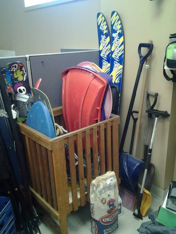 Fishing Poles, Reels, Water Skis, Snow Sleds, Shovels, Including Wood Bin