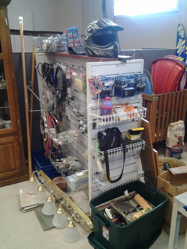 3-Way Slat Display Shelf With Contents, Painting, Rubber Tires, Track Light, Helmet, Electrical, More