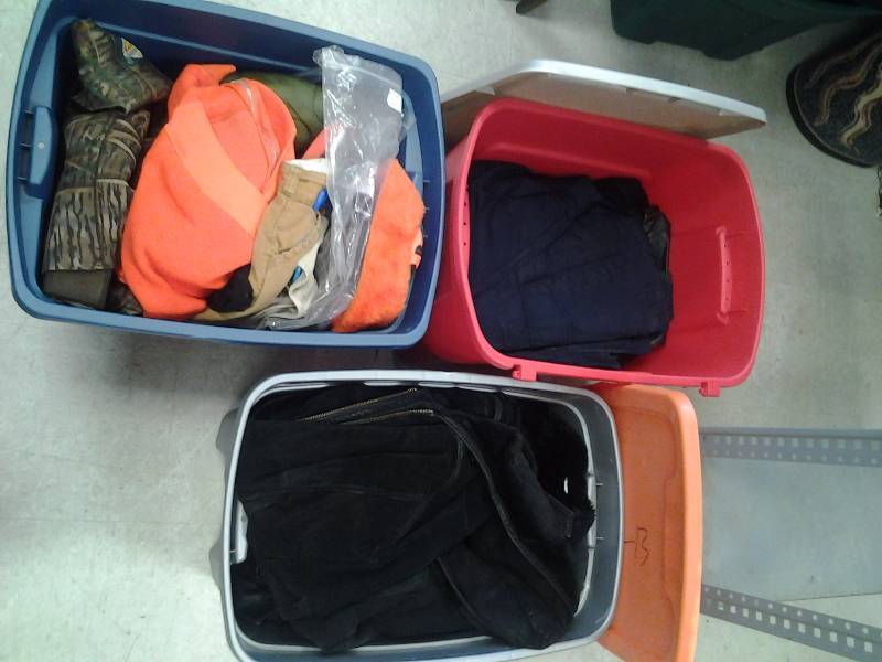 3-Totes With Winter Jackets Hunting Gloves & Related