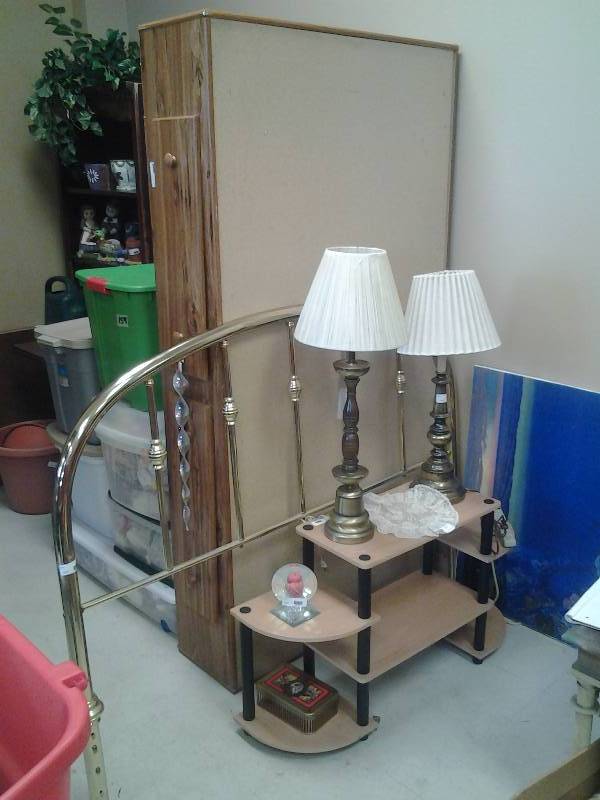 Twin Bed Base With Drawers (On End In Photo), FullQueen Brass Tone Headboard, Shelf With 2 Lamps