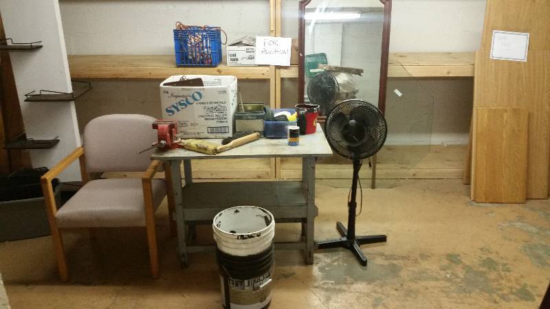 Work Bench With Vise, Floor Fan, Chair, Buckets, Crate, Mirror, Misc