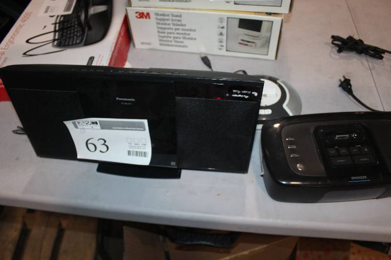 lot 63 image: Lot of (3) Electronic Equipment Including 1) Panasonic Compact Stereo System AND 1) Memorex Clock Radio For iPadiPhone AND 1) Docking Station