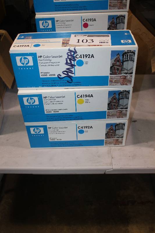 lot 103 image: Lot of HP Color LaserJet Print Cartridges Including C4192A Cyan, C4194A Yellow