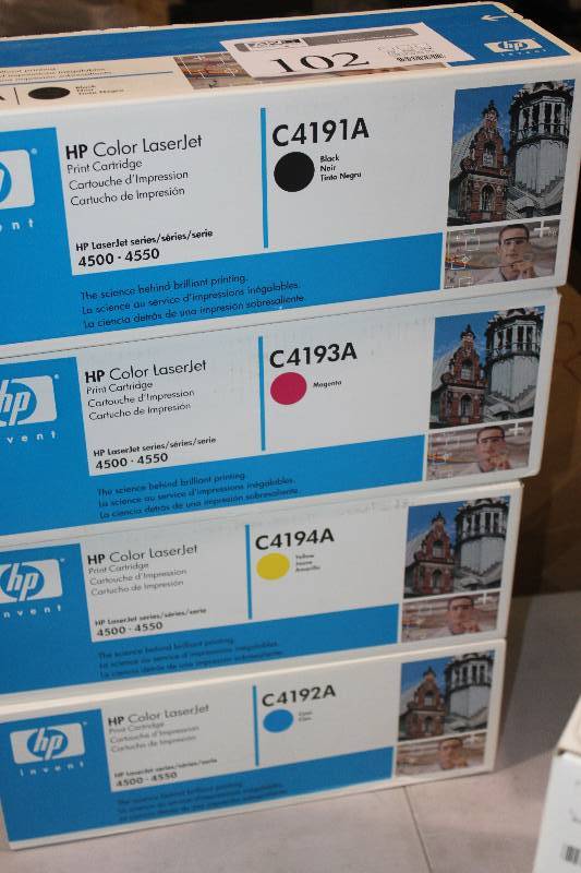 lot 102 image: Lot of HP Color LaserJet Print Cartridges Including C4191A Black, C4192A Cyan, C4193A Magenta, C4194A Yellow
