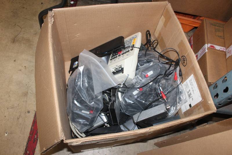 lot 60 image: Box Lot of Electronic Equipment Including Cables, HP JetDirect EX Plus3 Printer Canon Adding Machine, And More