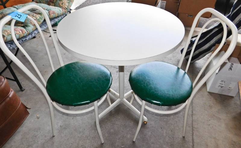 bistro set white table chairs green seats