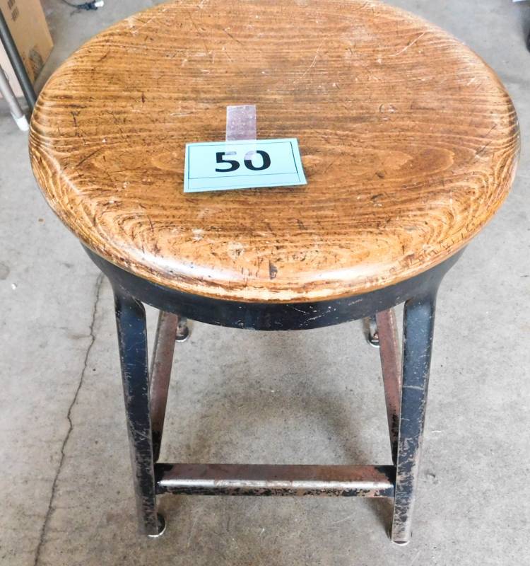 vintage metal stool with wooden seat