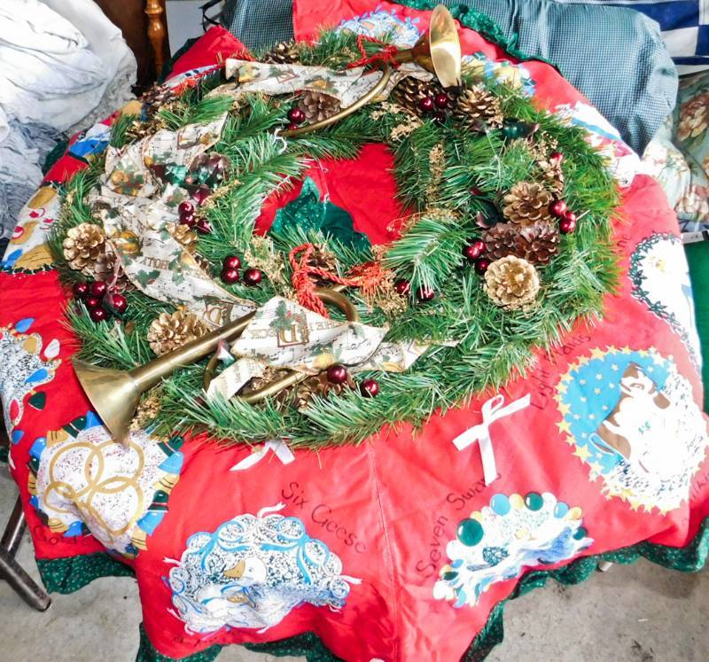 Christmas wreath and 12 days of Christmas tree skirt